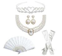 Earssa 5 Pcs Regency Accessories Women Victorian Costume Accessories Regency Dress Costume Includes Pearl Necklace&Earrings,Crown,Gloves and Fan for Halloween Birthday Party
