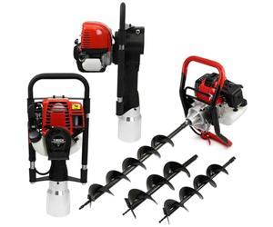 Earth Auger 3HP Motor & Petrol Post Driver, Powerful 37.7cc T-Mech 120mm Post Hole Borer Fence Hammer Picket Fencing Knocker 52cc Rammer 3 Sized Drills, Free Safety Gear Carry Case and Tool Kit