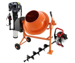 Earth Auger Bundle, 70L Electric Cement Mixer & 4 Stroke Engine Post Driver Petrol Garden Drill Rammer Planting Fence Post Ground Earth Auger with 52cc Petrol Engine 3 Drill Attachments Portable