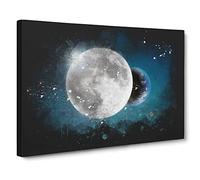 Earth Behind The Moon Paint Splash Canvas Print | Gallery Wrapped 30mm Frame Wall Art | 24x16 inches | Ready to Hang | Modern Space Picture | Living Room Bedroom Lounge Office