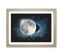 Earth Behind The Moon Paint Splash Modern Art Framed Print | A2 Oak Framed Wall Art | Ready to Hang | Modern Space Picture | Living Room Bedroom Lounge Office