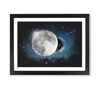 Earth Behind The Moon Paint Splash Modern Art Framed Print | A4 Black Framed Wall Art | Ready to Hang | Modern Space Picture | Living Room Bedroom Lounge Office