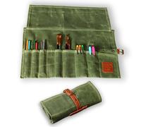 Earth & Fiber Co. Compact Waxed Canvas & Leather Paint Brush Holder - Portable Art Bag for Painting & Drawing - Art Supplies Organizer - Storage Roll Bag for Artists