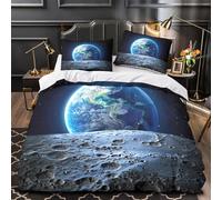 Earth from Moon Comforter Cover 3D Design Printed Easy Care 3-Piece Bed Set Zipper Space Landscape Quilt Cover Ultra Soft Machine Washable for Teens Adults Women Kids Youth Single（140x200cm）