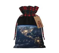 Earth from The Outer Space Christmas Gift Bags with Tags & Ribbon Ties, Xmas Drawstring Candy Treat Bag Buffalo Plaid Christmas Gifts Sacks Reusable Gift Wrapping Bags for Holiday Party Favors Medium