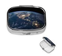 Earth from The Outer Space Pill Box 2 Compartment Square Portable Pill Case for Pocket or Purse Small Weekly Medicine Planner Travel Pillbox with Mirror Decorative Metal Vitamin Holder Gifts