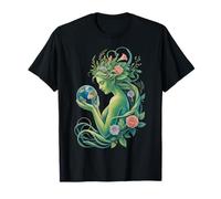 Earth Goddess Holding Globe Floral Nature Woman Art T-Shirt