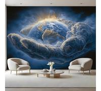 Earth in Hand Print Kids Room Canvas Peel and Stick Wall Mural Cosmic Theme Large Removable Self-Adhesive Wallpaper Decor for Nursery Boy Girl Bedroom 300x210 cm