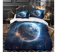 Earth in Space Quilt Cover 3D Design Printed Easy Care 3-Piece Bedding Set Zipper Cosmic Planet View Comforter Cover Hotel Quality Washable for Teens Adults Women Kids Girls Boys Single（140x200cm）