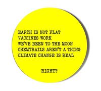 Earth is NOT Flat, Vaccines Work, We've Been to THE Moon, Chemtrails aren't A Thing, Climate Change is Real, Right? - Yellow Background - 6 x 70mm Vinyl Stickers (Pack of 6)