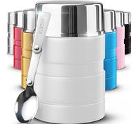 Earth&ME Stainless Steel Thermo For Hot Food 17OZ with Folding Spoon, Vacuum Insulated Food Container, Soup Thermo with Wide Mouth, Insulated Food Jar for Hot & Cold Food, White