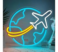 Earth Neon Sign Airplane World LED Sign for Wall Decoration Ice Blue Neon Lights USB Dimmable for Bedroom Teen Room Man Cave Church Christmas Party Decor Xmas Blessing Kids Birthday Gifts