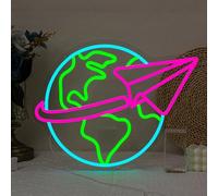 Earth Neon Sign Paper Airplane Neon Light Colorful Neon Sign for Wall Decor Planet Neon Signs USB Powered LED Neon Light for Bedroom Classroom Office Cafe Club Decoration