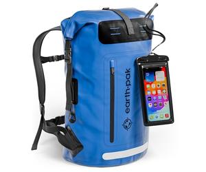 Earth Pak Waterproof Backpack with Roll-Top Closure, Front Pocket, Cushioned Back Panel & Phone Case (Blue, 35L)