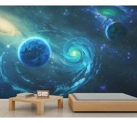 Earth Planet Mural Blue Cosmic Planets Wallpaper Spiral Nebula Wallpaper Mural Sci-Fi Galaxy Starry Sky Murals for Living Room Bedroom Murals Not Peel and Stick 100 x 70 cm