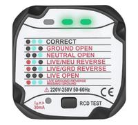 Earth Potential Socket Tester for a Schuko European Power Socket - Checks Live, Neutral and Earth Connections and Polarity with Automatic Status Display - Includes an RCD Breaker Tester