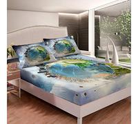 Earth Print Bedding Set Universe Planet Bed Sheet Set for Kids Boys Girls Teens Outer Space Themed Fitted Sheet Breathable Galaxy Bed Cover Starry Sky Room Decor Single Size