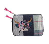 Earth Squared Tweed Appliqué Coin Purse - Sheep, Highland Cow, Dachshund, Puffin, Cat & Floral Designs - Patchwork Tweed Zip Purse with Two Compartments (Highland Cow)
