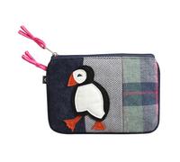 Earth Squared Tweed Appliqué Coin Purse - Sheep, Highland Cow, Dachshund, Puffin, Cat & Floral Designs - Patchwork Tweed Zip Purse with Two Compartments (Puffin)