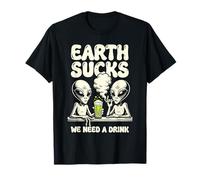 Earth Sucks We Need A Drink Funny Alien Beer Smoking Art T-Shirt