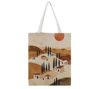 Earth Tone Blob Layered Hillside Cottage Vista 03 Daily Must-Have Canvas Tote Bag, Reusable Eco-Friendly Shopping Grocery Bag, Casual Fashion Shoulder Handbag, Versatile Stylish Bag for Women Commute