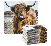 Earth-Yellow Scottish Highland Cow Vintage Style 6 Set Kitchen Dish Towels, Washcloths Cleaning Cloths Dish Cloths, Absorbent Towels Lint Free Bar Tea Soft Waffle Towel 11"x11"