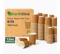 EarthDine Ecodinex Premium Ripple Paper Cups, Brown Kraft, 12oz/350ml, Triple-Layer Insulated, Disposable Hot and Cold Beverage Containers, 500 Count