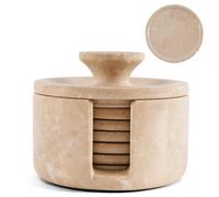 EARTHEN CRAFTS Marble Coaster Set of 6 Beige 3.5" Inches Natural Round Stone Drink Coasters Set with Holder & Lid for Dining Tabletop & Living Room Décor