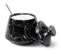 EARTHEN CRAFTS Marble Salt Shaker with Lid and Spoon, Handmade Black Zebra Sugar Bowl 10cm Seasoning Containers, Salt and Pepper Holder, Jewelry Storage, Salt Container