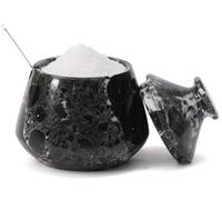 EARTHEN CRAFTS Marble Tumbler Salt Cellar With Lid & Spoon Black Zebra 3" Inch Handmade Salt Holder with Lid - Salt and Pepper Containers for Countertop - Vintage Kitchen Decor
