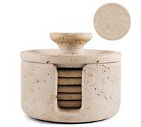 Earthen Crafts Travertine Marble Coasters with Holder Lid for Drinks 3.5 Inch Stone Drink Coaster Set of 6, Ideal for Patio, Living Room & Kitchen Decor