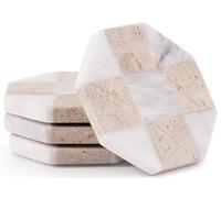 EarthenTones Handmade Marble Coasters Set of 4, 4” Travertine & White Matt Natural Stone Drink Coasters, Elegant Table Protection for Kitchen, Dining & Home Décor