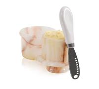 EarthenTones Marble Butter Keeper with Lid and Knife, French Butter Crock and Small Dish for Spreadable Butter, Elegant Kitchen Decor and Handmade Table Accessory (White Onyx, 3.2 Inches)