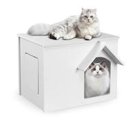 EARTHSON Outdoor Cat House, Feral Cat Shelter, Stray Cat Condo, Waterproof and Insulated, White Wood Plastic Cat House with Escape Door