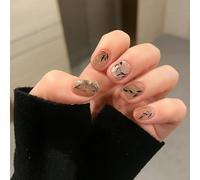 Earthy-Toned Shimmering Beige Artificial Nail Tips With Black Botanical Patterns - Round Square Shaped Self-Adhesive Full Nail Wraps For Women Elegant Everyday Office Wear