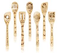 Eartim Halloween Wooden Cooking Utensil Set - 7Pcs Hocus Pocus Kitchen Cooking Gadget Natural Carve Bamboo Spoon Slotted Spatula Non-Stick Cookware Utensil Birthday Housewarming Gift Halloween Supply