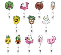 Eartim Summerween Glitter Badge Reel - 12Pcs Funny Ghost Pumpkin Acrylic Retractable Id Badge with Metal Clip Name Tag Holder for Nurse Doctor Teachers Office Staff Student Summer Halloween Party Gift
