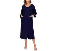 EA'S SECRET Women 100% Cotton Robes Lightweight Zipper Front 3/4 Sleeve Full Length Housecoat with Pockets Loungewear, Navy Blue, Medium