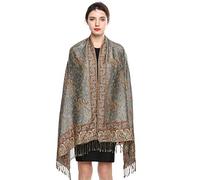 EASE LEAP Women Pashmina Scarves Oversized Winter Scarf Reversible Paisley Shawl for Ladies Blanket Large Wraps 78.5"X27.5"/(4-Gold grey)