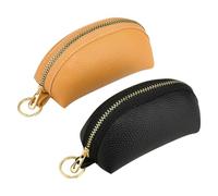 Easecos 2 Pcs Leather Coin Purse with Dual Keychain Ring, Small Change Purse Zippered Pocket Keychain Holder Pouch Coin Change Wallet for Women and Men, Black & Brown, Leather Coin Purse
