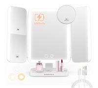 EASEHOLD Trifold Vanity Makeup Mirror with 116 3-Sided LED Lights, 5000mAh Rechargeable Cordless, 1x/2x/3x/10x Magnification, 3 Colour Dimmable Modes, 180° Rotation for Bedroom Bathroom Travel, White