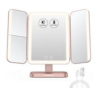 EASEHOLD Trifold Vanity Makeup Mirror with 116 3-Sided LED Lights, 5000mAh Rechargeable Cordless, 1x/2x/3x/10x Magnification, 3 Colour Dimmable Modes, 180° Rotation for Bedroom Bathroom Travel, Rose