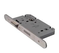 Easi-T DIN Bathroom Lock - Stainless Steel Reversible Mortice Lock with Privacy Function - Internal Door Lock with Strike Plate for Lever Handles. (Radius, Satin Stainless Steel, 85mm x 150mm)