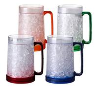 Easicozi Double Wall Gel Frosty Freezer Ice Mugs Clear 16oz Set of 4 (Blue, Red, Orange and Green)
