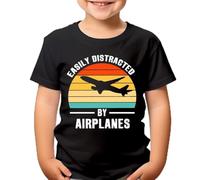 Easily Distracted By Airplanes Kids T-Shirt Humorous Design for Retro Sunset Soft Cotton Comfort for Everyday Wear #T490 7-8 Years Black