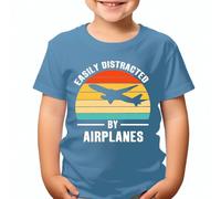 Easily Distracted by Airplanes Kids T-Shirt Humorous Design for Retro Sunset Soft Cotton Comfort for Everyday Wear #T490 12-14 Years Light Blue