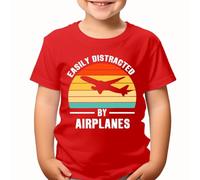 Easily Distracted by Airplanes Kids T-Shirt Humorous Design for Retro Sunset Soft Cotton Comfort for Everyday Wear #T490 12-14 Years Red