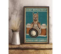 Easily Distracted By Alpaca And Camera Poster, Cute Alpaca, Funny Alpaca Wall, Black Alpaca Art, Cheeky Alpaca Vintage Metal Tin Sign Wall Artes 8x12 inch