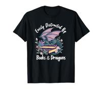Easily Distracted by Books & Dragons Funny Romantasy Bookish T-Shirt