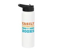 Easily Distracted by Books Funny Bookworm Stainless Steel Insulated Water Bottle